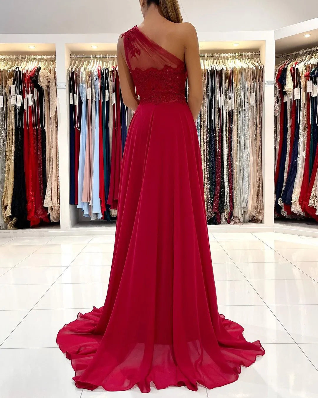 Long One Shoulder Appliques Lace Chiffon Ruffles Split A-Line Prom Dress