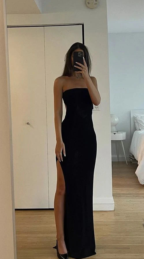 black mermaid dress with split Wedtrend Women Beaded Black Prom Dress Mermaid Spaghetti Straps Evening Dress with Slit, Black / US8