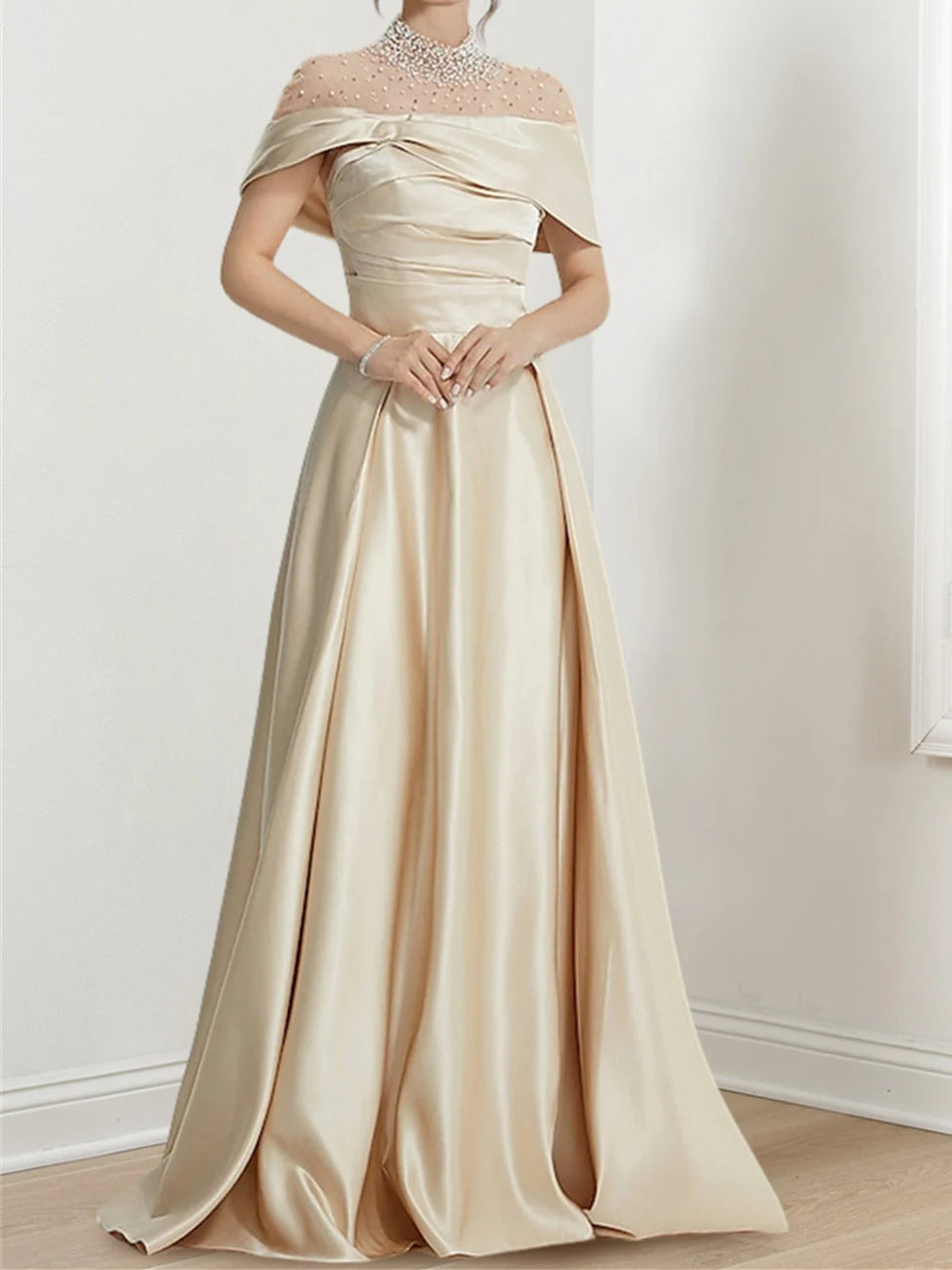 A-Line/Princess High Neck Floor-Length Prom Dresses Evening Dresses