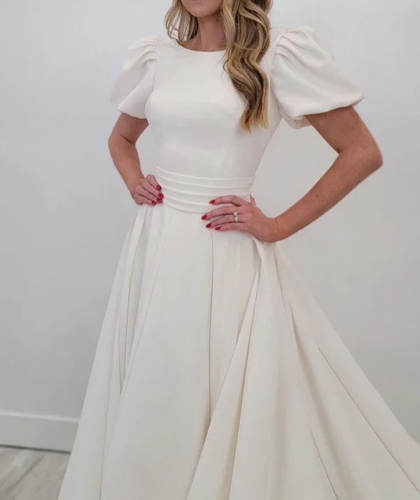 A-line Puff Sleeves Satin Sweeping Long Wedding Dress