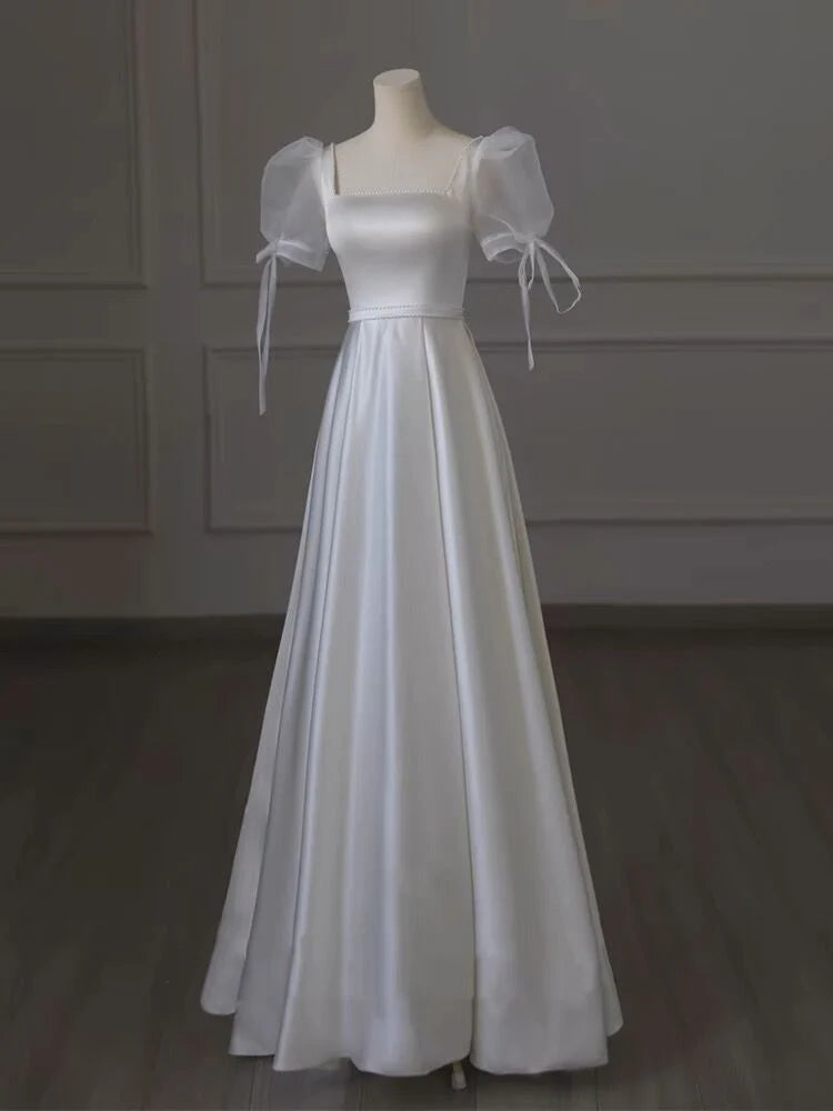 A Line Elegant White Satin Long Prom Dress Wedding Dress
