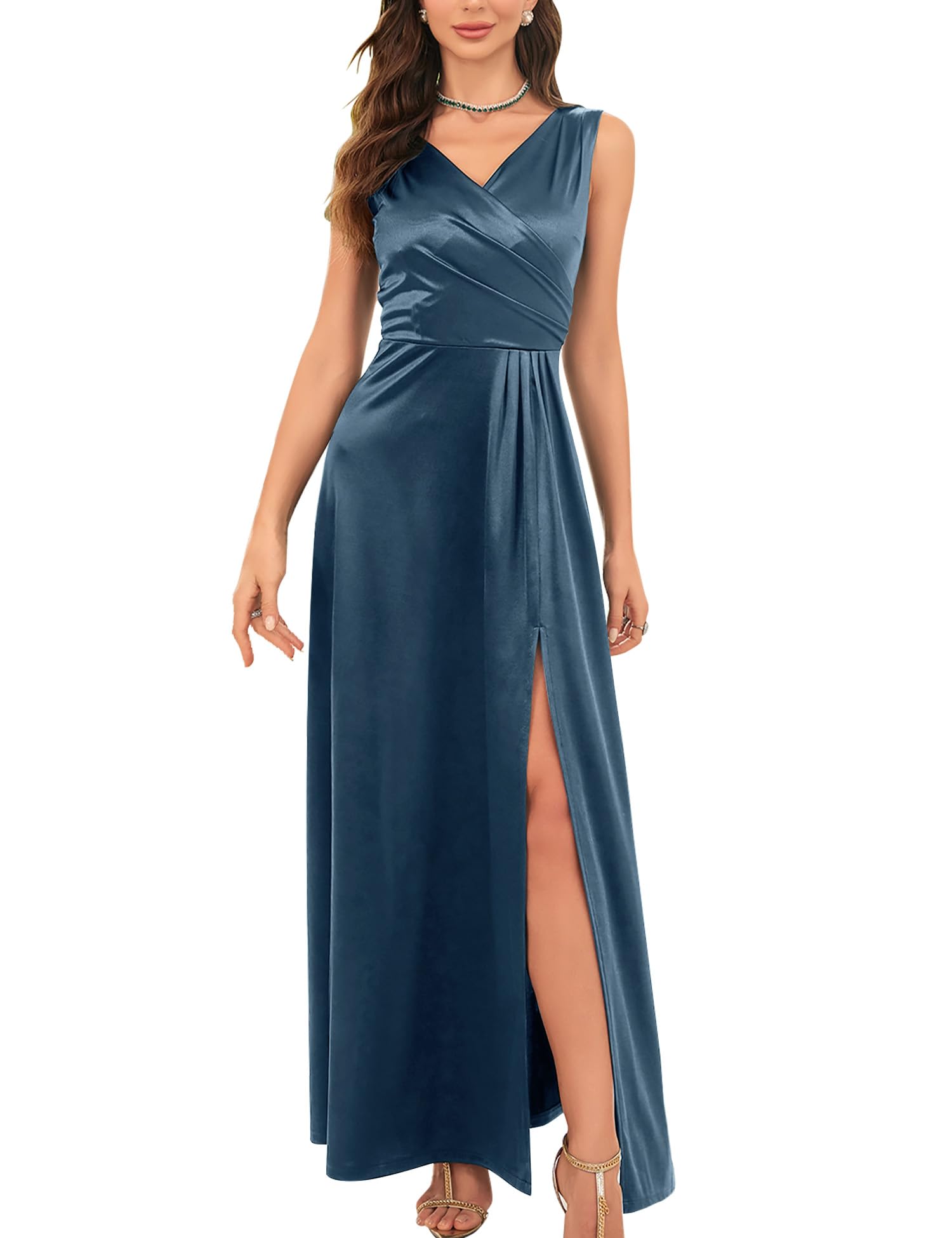 Dusty Blue Women's Elegant Wrap V Neck Prom High Slit Long Dress