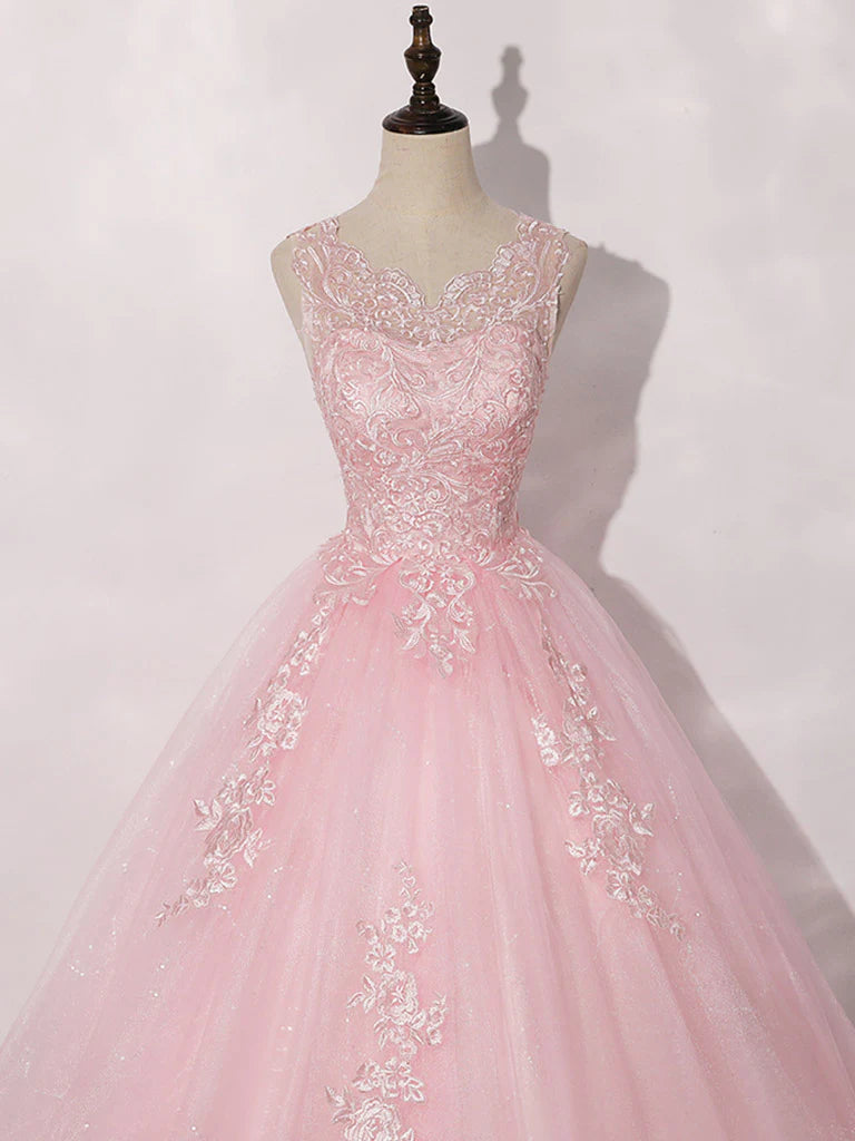 A-Line Round Neck Tulle Lace Pink Long Prom Dress
