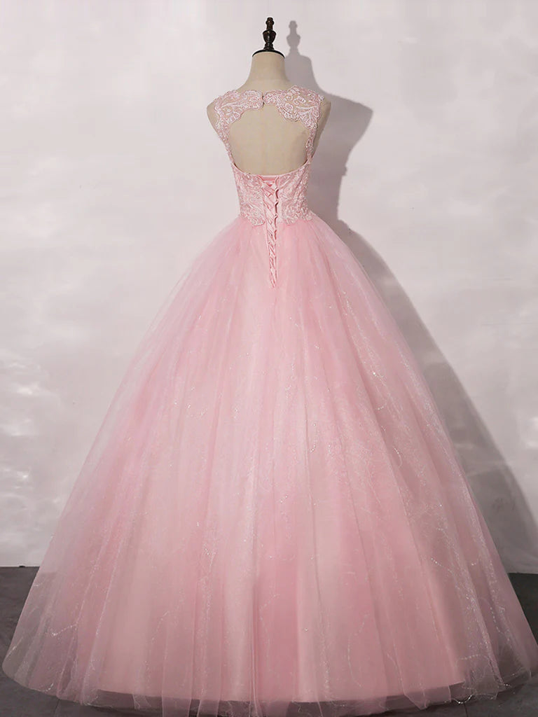 A-Line Round Neck Tulle Lace Pink Long Prom Dress