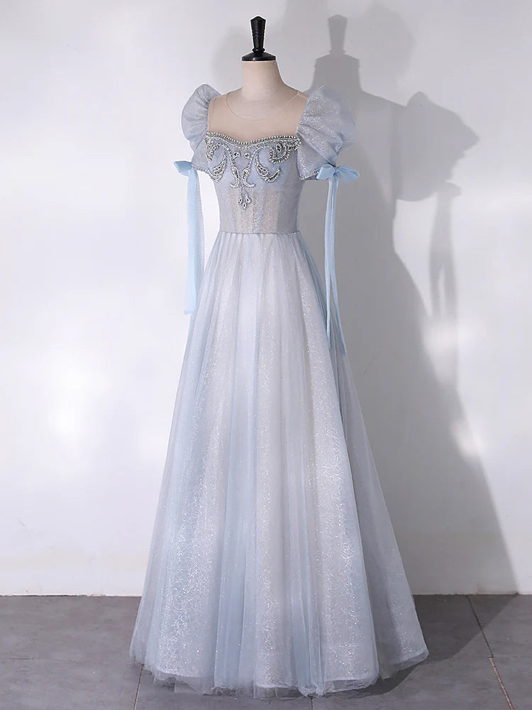 A-Line Scoop Neckline Tulle Light Blue Long Prom Dress