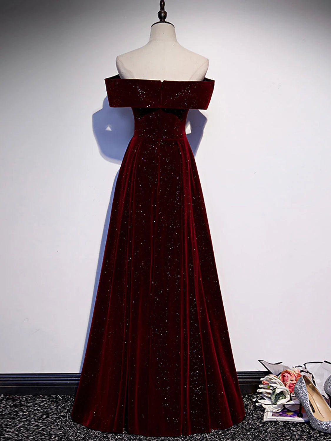 A-Line Off Shoulder V Neck Velvet Burgundy Long Prom Dress