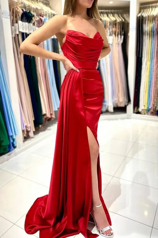 Long Mermaid Sweetheart Strapless Satin Prom Dress with Front Slit
