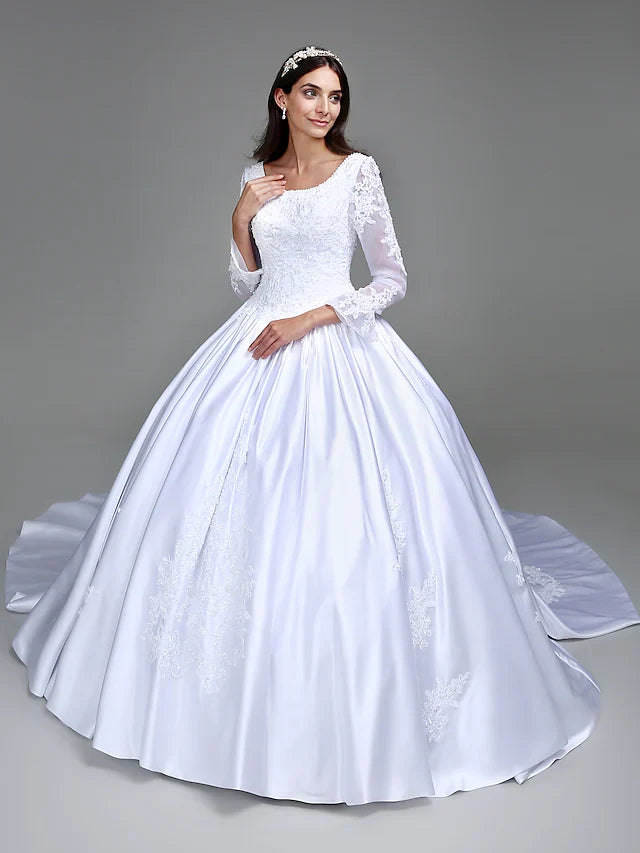 Ball Gown Wedding Dresses Scoop Neck Satin Long Sleeve Simple Vintage See-Through with Beading Appliques