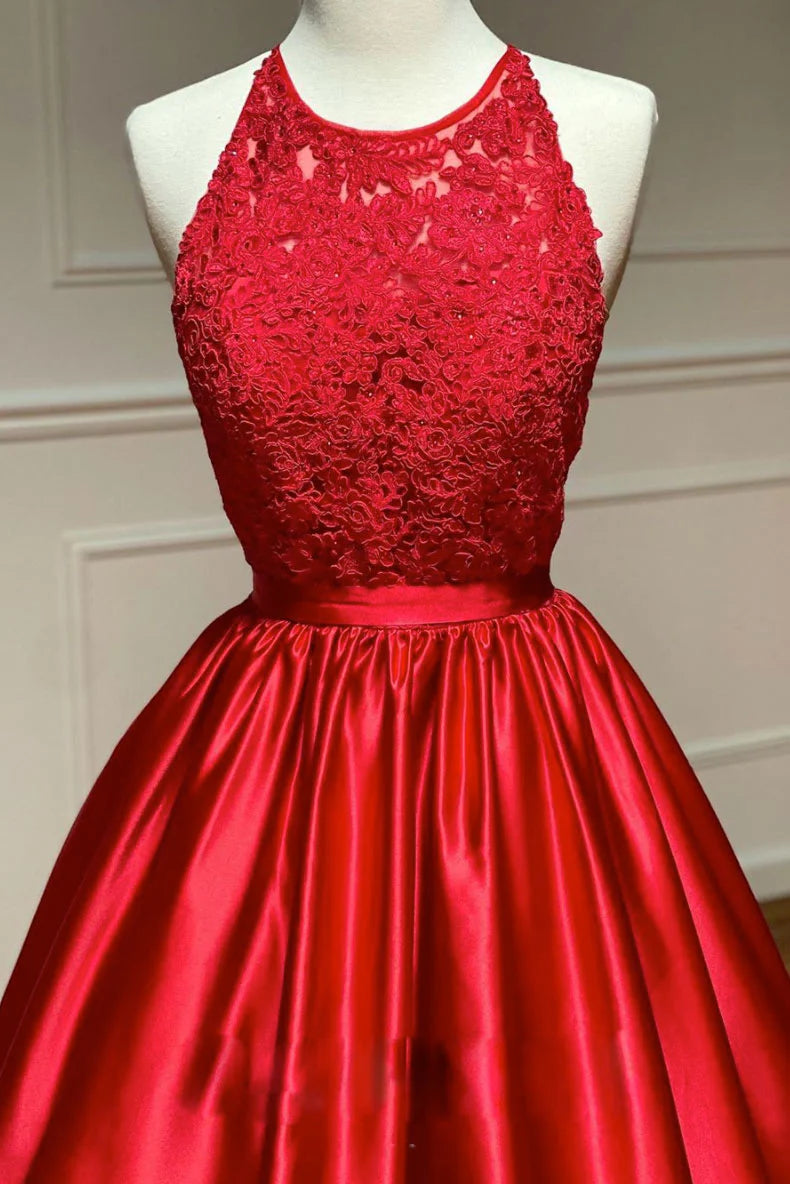Red A line satin long prom dress red long formal dress