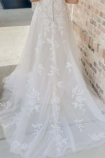 Cold-Shoulder White Lace A-Line Long Wedding Dress