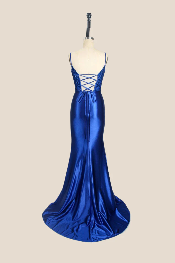 Royal Blue Appliques Ruched Mermaid Long Prom Dress