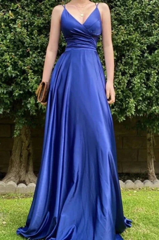 Royal Blue Spaghetti Strap Long Prom Dress with String Back