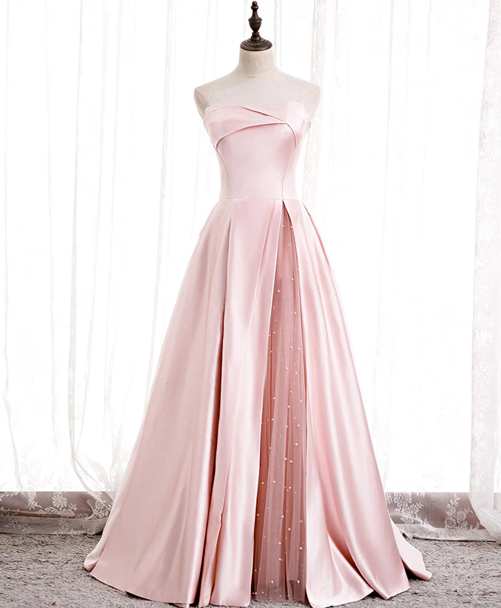 Pink Satin Long Prom Dress Pink Formal Bridesmaid Dress