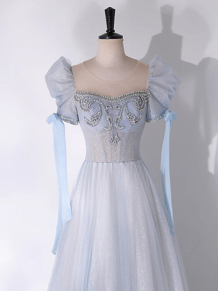 A-Line Scoop Neckline Tulle Light Blue Long Prom Dress