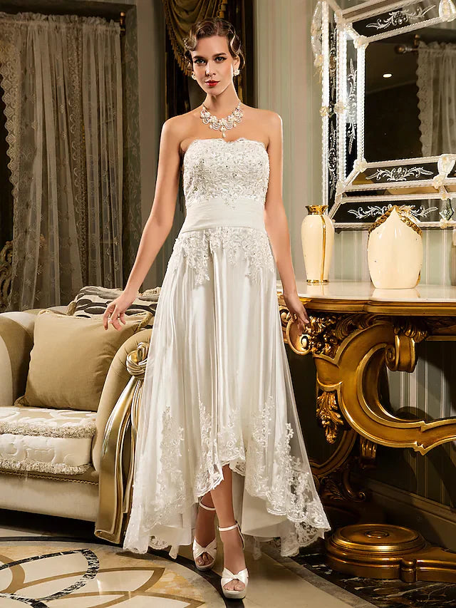 DingjiA-Line Wedding Dresses Strapless Asymmetrical Beaded Lace Strapless Vintage Illusion Detail with Appliques Button