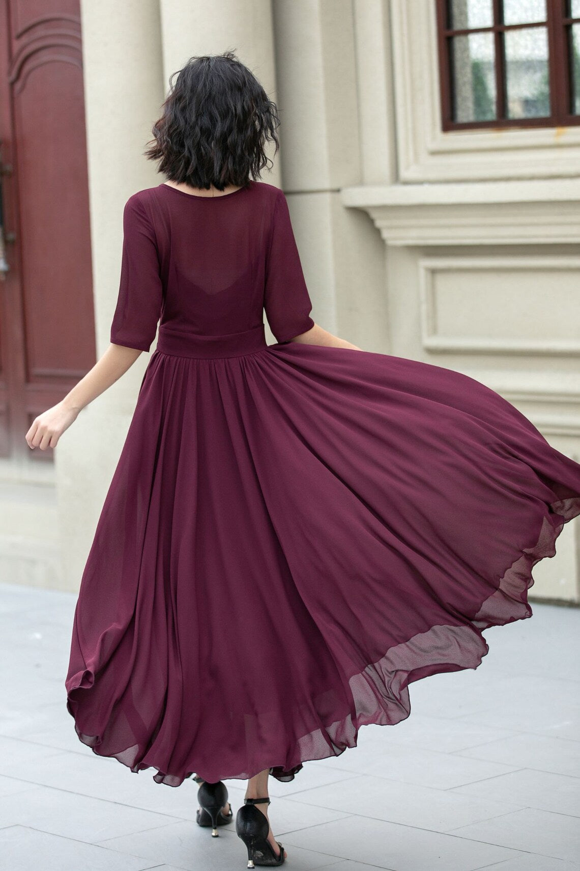 Chiffon Maxi dress Fit and Flare Chiffon dress Women burgundy dress Summer Swing dress Prom Chiffon dress Custom Dress