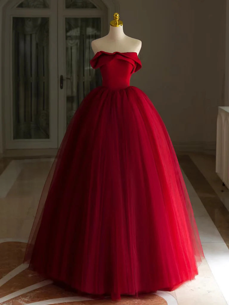 A-Line Tulle Burgundy Long Prom Dress