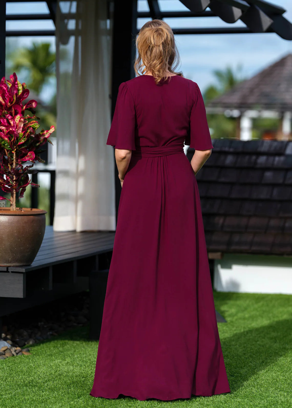 Burgundy romantic wrap dress prom dress maxi dress long dress wedding guest dress formal dress evening summer dress