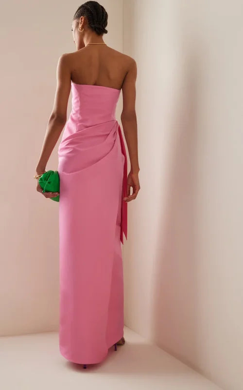 Elegant Pink A-Line Off the Shoulder Long Formal Prom Dress with Decorative Front Side