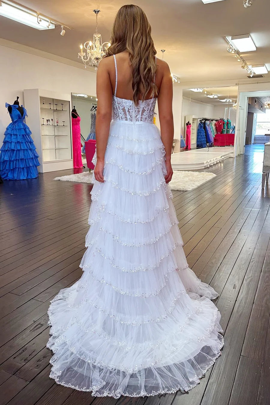 Lace Beaded Ruffle Tiered Long Prom Dress with Slit