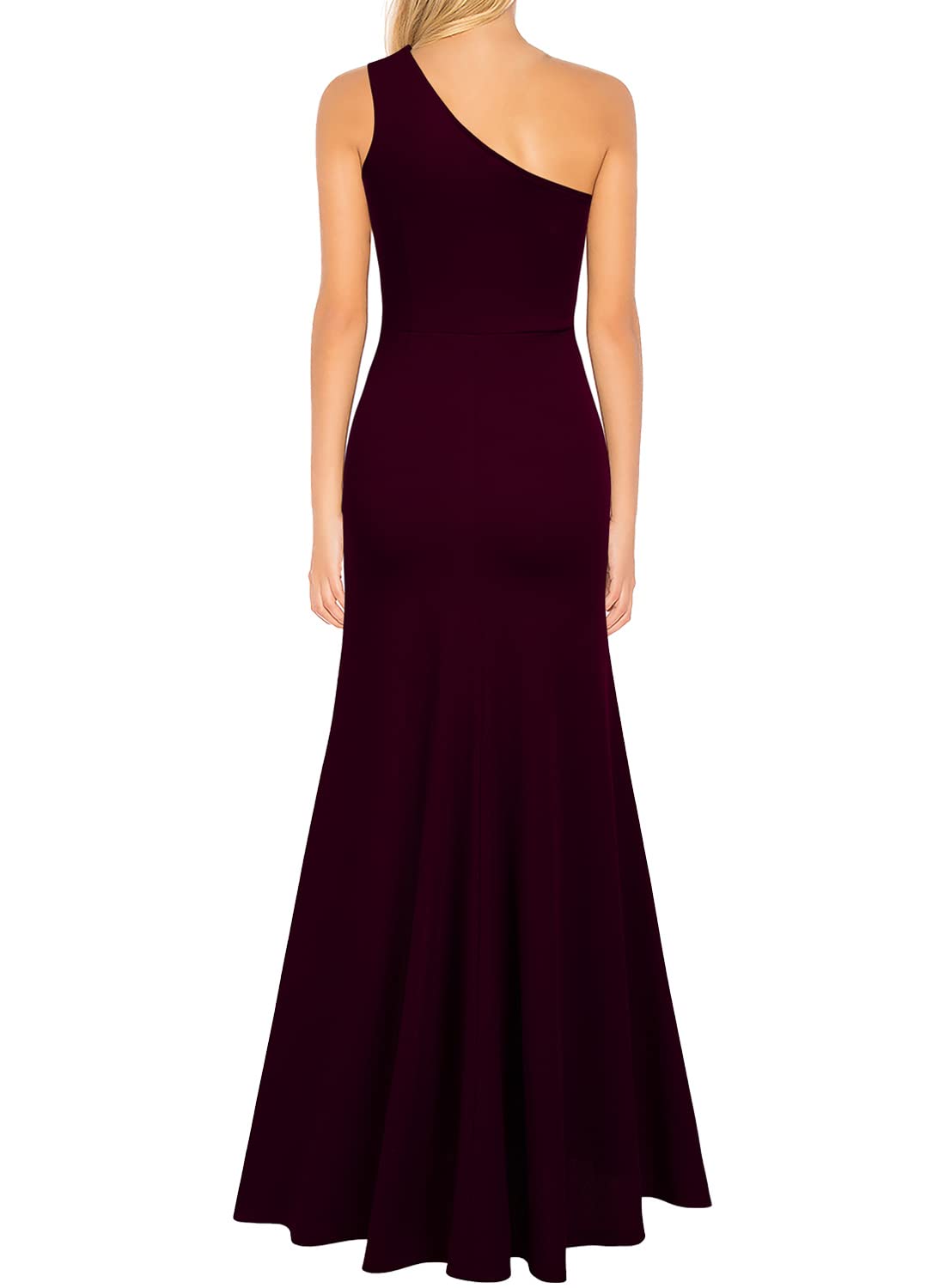 Burgundy Women's One Shoulder Sleeveless Split Bodycon Mermaid Prom Cocktail Long Dress