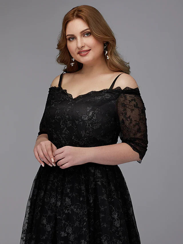 DingjiA-Line Plus Size Cocktail Party Prom Dress Spaghetti Strap Half Sleeve Asymmetrical Lace with Pleats Lace Insert