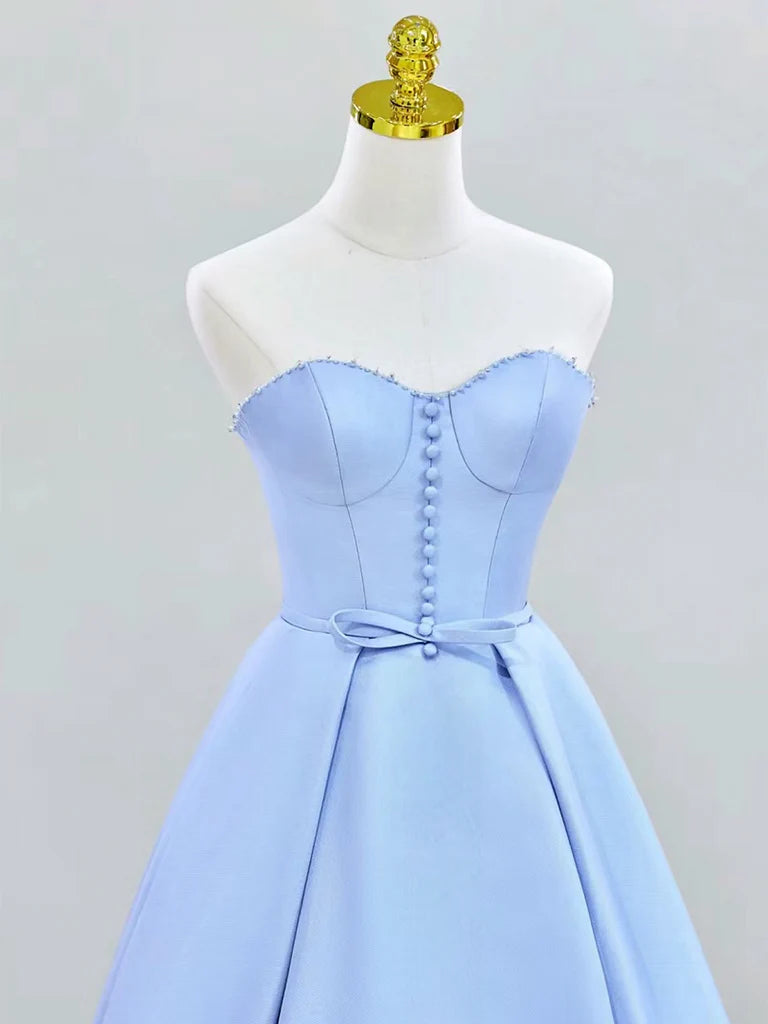 A-Line Sweetheart Neck Satin Blue Long Prom Dress