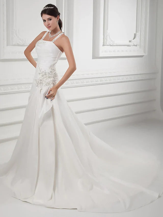 DingjiA-Line Wedding Dresses Square Neck Court Train Satin Taffeta Spaghetti Strap with Ruched Beading Draping