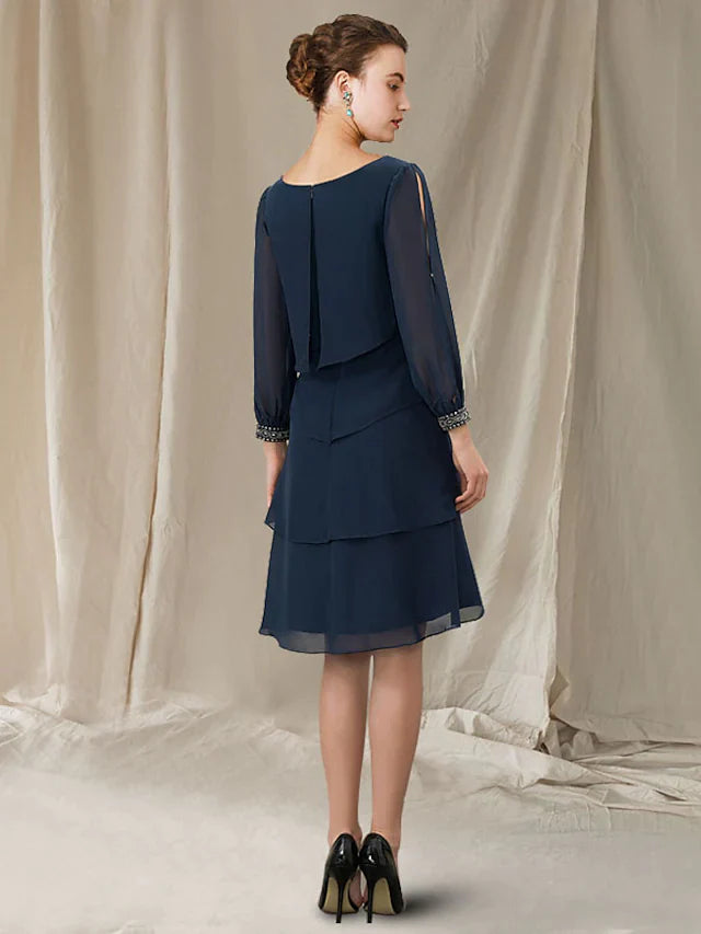 A-Line Mother of the Bride Dress Elegant Jewel Neck Asymmetrical Short Mini Chiffon Short Sleeve with Ruffles