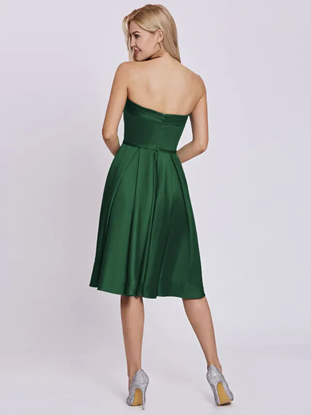 DingjiA-Line Minimalist Elegant Engagement Cocktail Party Dress Strapless Sleeveless Knee Length Satin with Bow(s) Pleats
