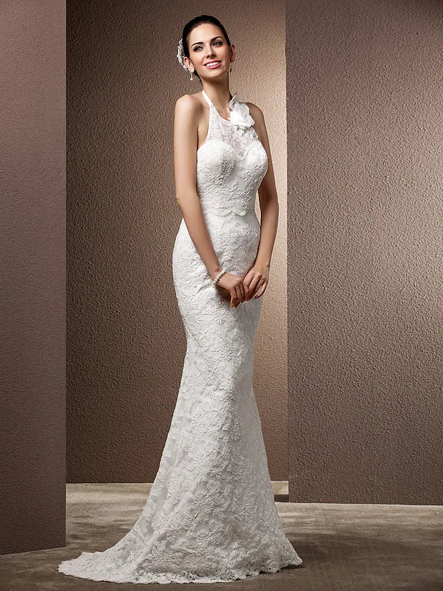 DingjiWedding Dresses Halter Neck Lace Regular Straps Open Back with Beading Flower Button
