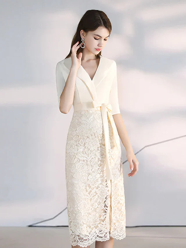 DingjiElegant bodycon Homecoming Cocktail Party Dress V Neck Half Sleeve Knee Length Lace Stretch Fabric with Sash Ribbon