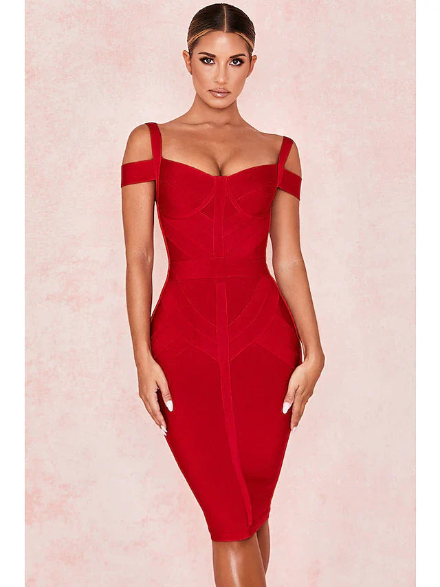 DingjiHot Sexy Party Wear Cocktail Party Valentine's Day Dress Off Shoulder Sleeveless Knee Length Spandex with Sleek