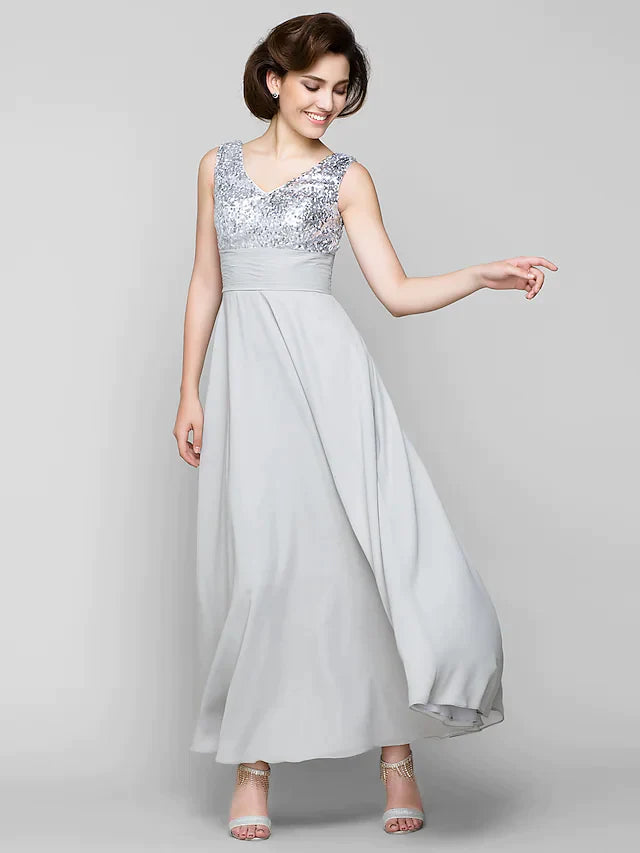 A-Line Mother of the Bride Dress Sparkle & Shine Bateau Neck Ankle Length Chiffon Sleeveless with Sash Ribbon Sequin