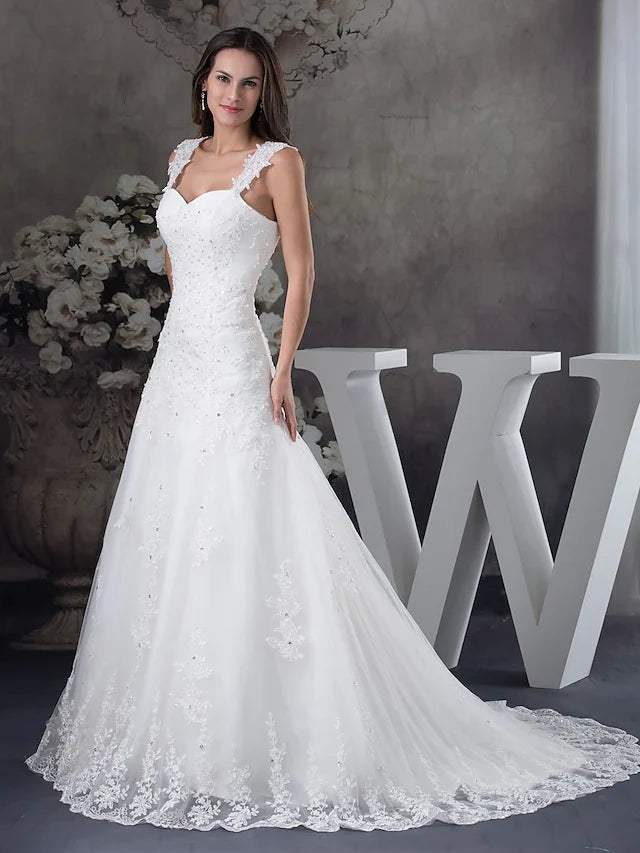 A-Line Wedding Dresses Sweetheart Neckline Chapel Train Lace Tulle Spaghetti Strap with Beading Appliques