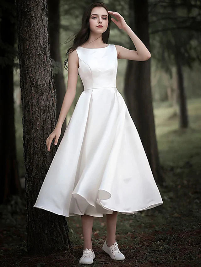 A-Line Wedding Dresses Jewel Neck Tea Length Chiffon Over Satin Cap Sleeve Simple Casual Little White Dress