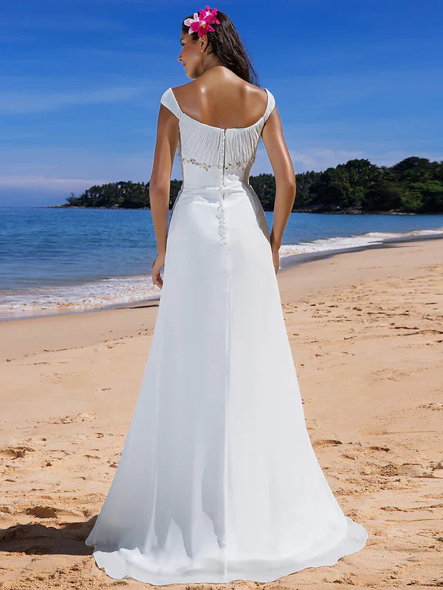 DingjiWedding Dresses Scoop Neck Chiffon Cap Sleeve Beach Plus Size with Beading Draping Button