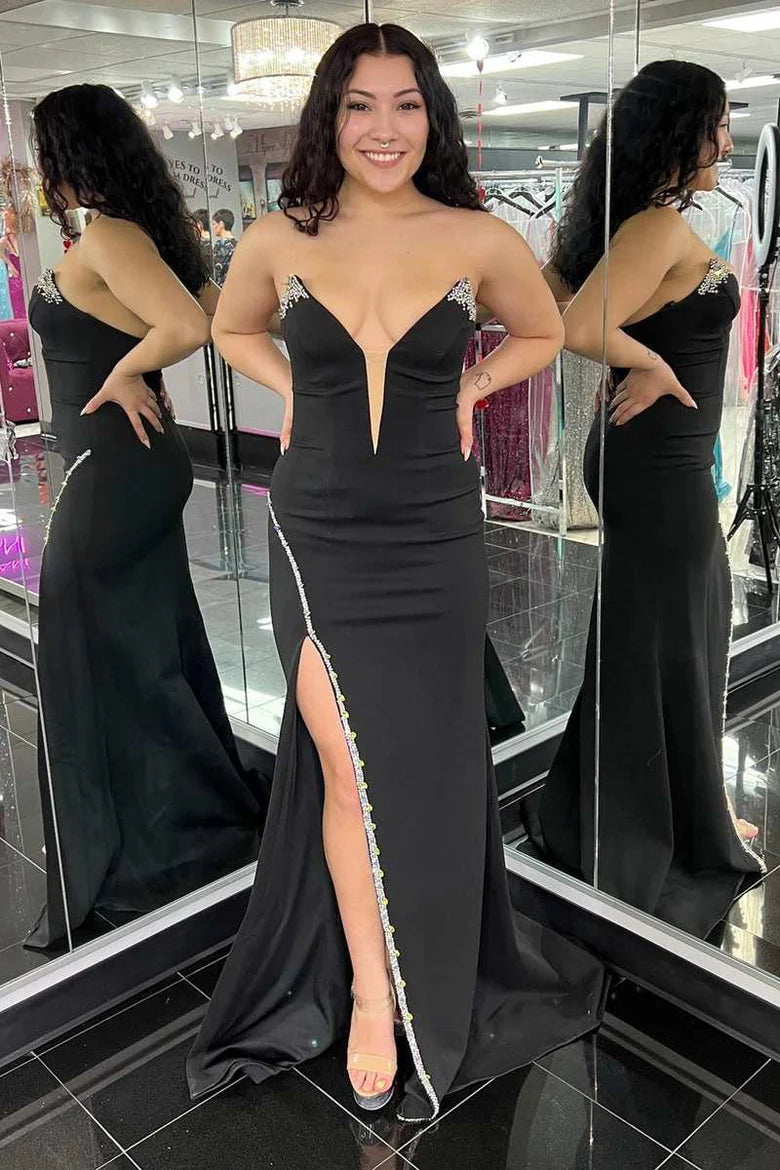 Bead-Trimmed Strapless Long Formal Dress with Slit