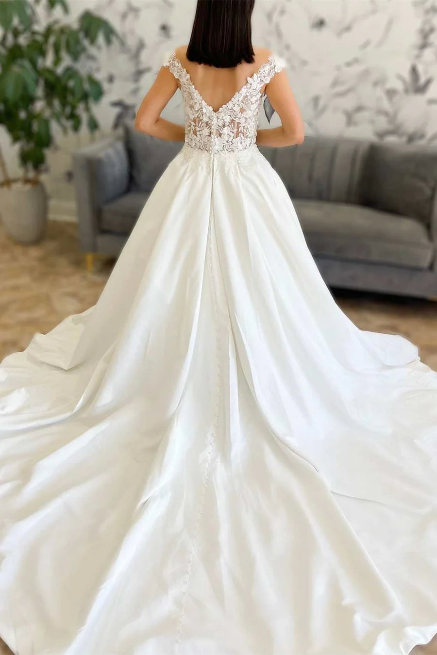 Lace Satin Off-the Shoulder Backless Bridal Gown