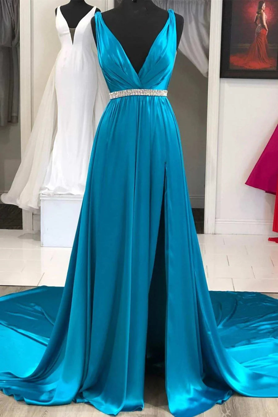 Plunge V Belted Open Back Long Prom Dress with Slit