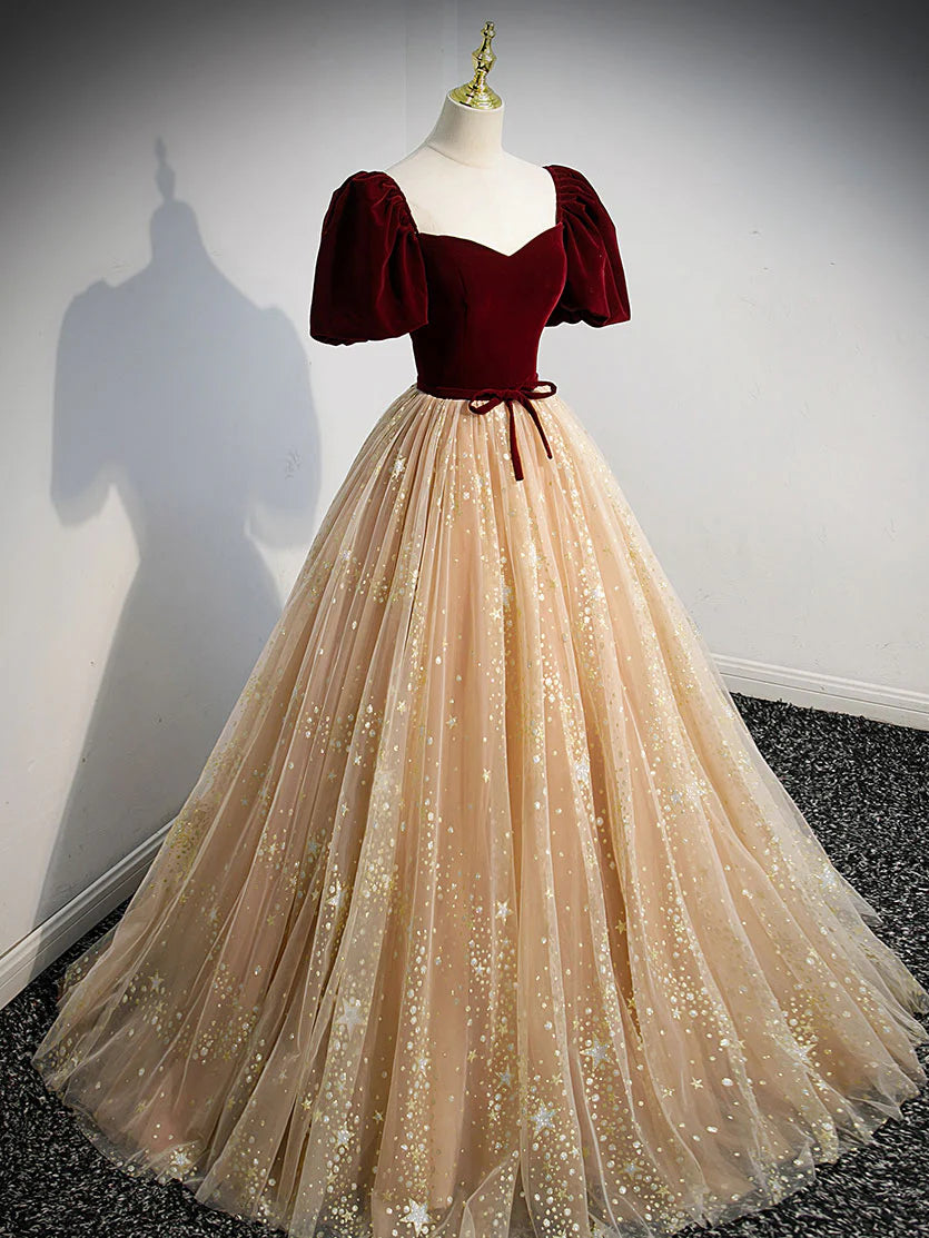 Champagne tulle long prom dressA line tulle evening dress