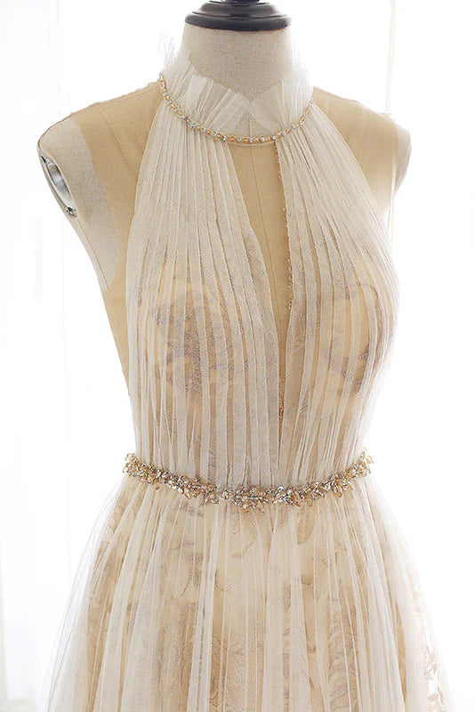 Light champagne tulle lace long prom dress formal dress