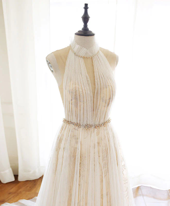 Tulle Lace Long Prom Dress Champagne Evening Dress