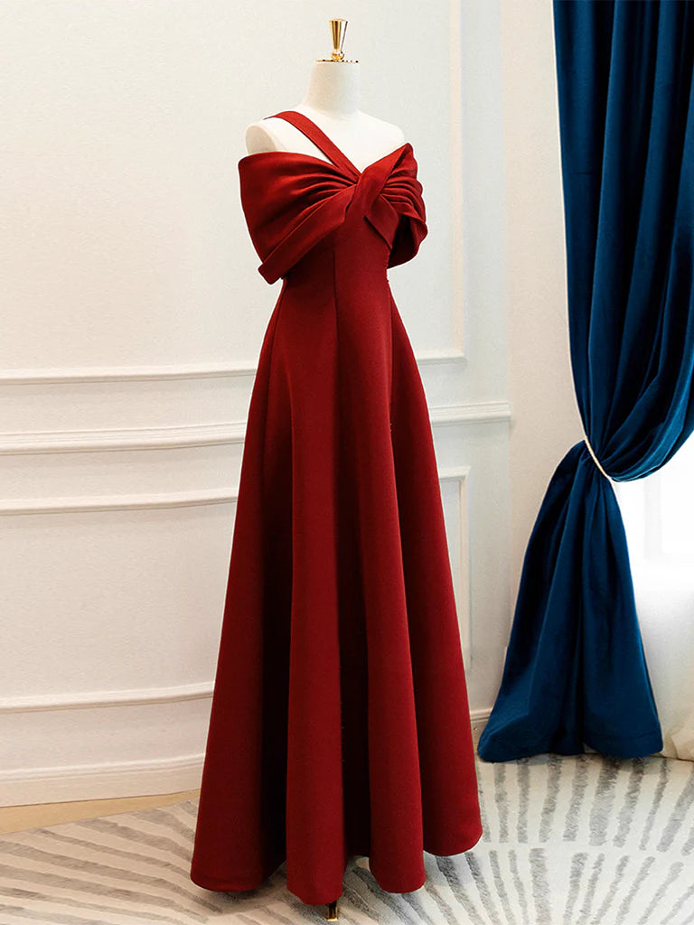 A-Line One Shoulder Satin Burgundy Long Prom Dress