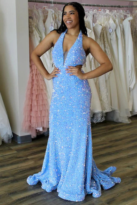 Iridescent Sequin Halter Trumpet Long Prom Dress