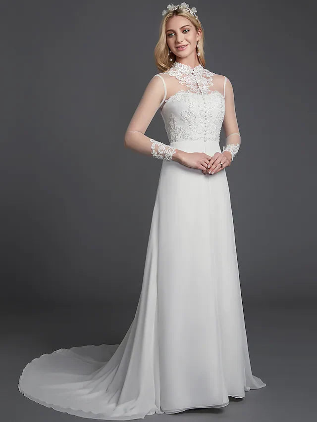 DingjiA-Line Wedding Dresses High Neck Court Train Chiffon Lace Long Sleeve Vintage Plus Size Backless with Lace Buttons