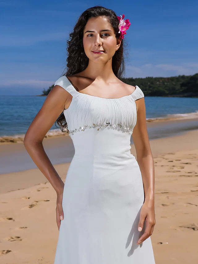 DingjiWedding Dresses Scoop Neck Chiffon Cap Sleeve Beach Plus Size with Beading Draping Button