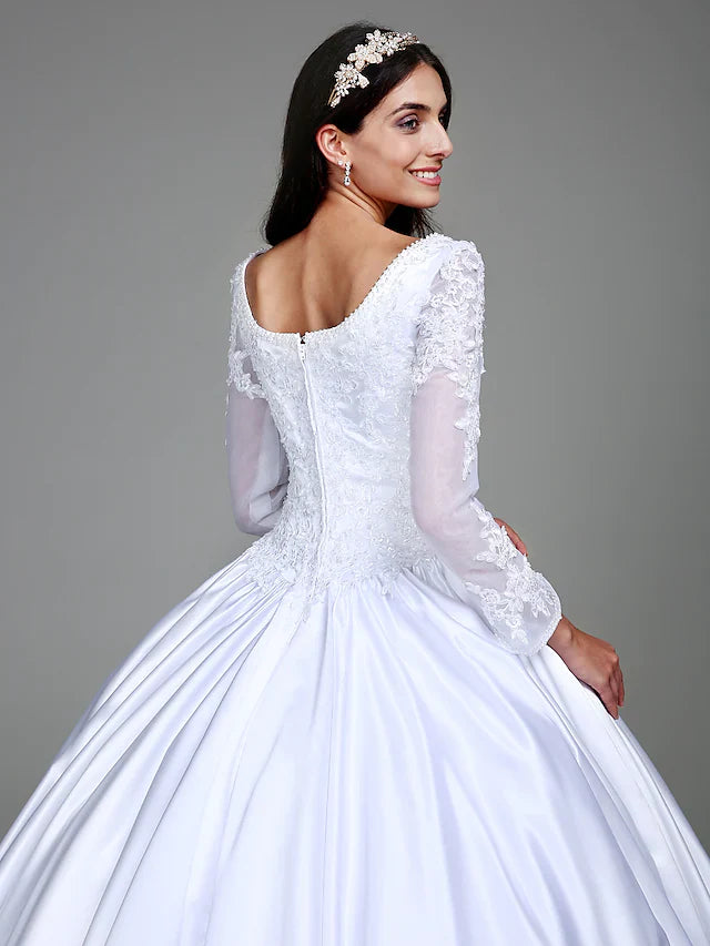 Ball Gown Wedding Dresses Scoop Neck Satin Long Sleeve Simple Vintage See-Through with Beading Appliques
