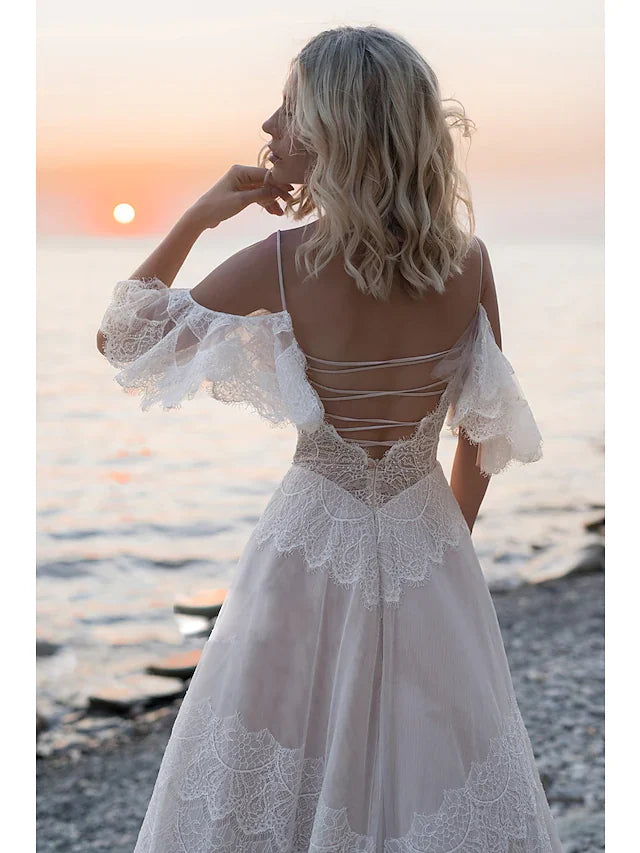 Dingji A-Line Wedding Dresses V Neck Lace Tulle Short Sleeve Illusion Detail Backless with Lace