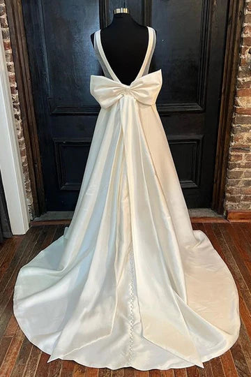 Satin Crew Neck Bow-Back A-Line Wedding Dress